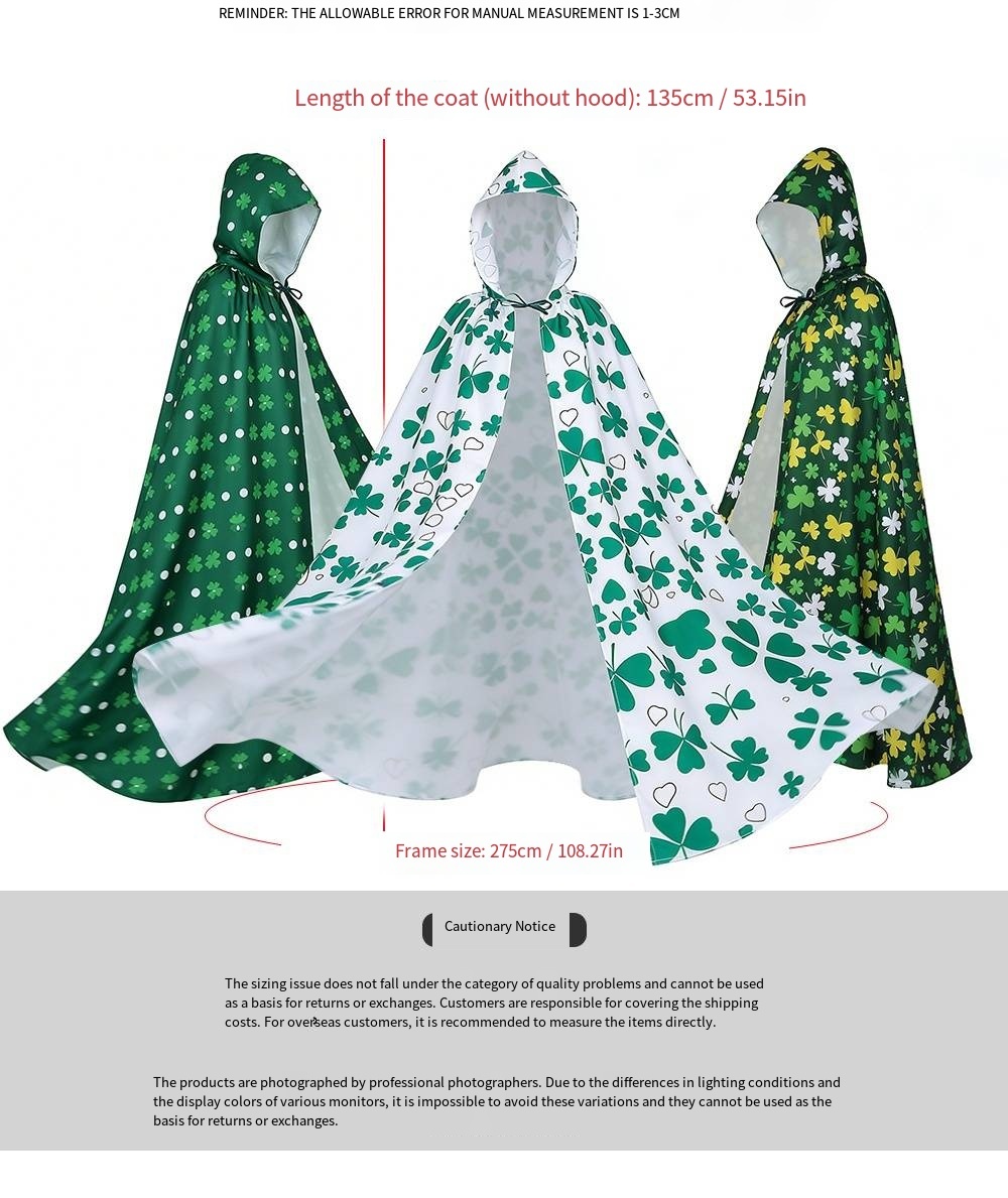 2026 New Arrival Unisex St. Patricks Day Hooded Cloak Shamrock Print Long Cape